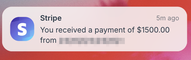 Stripe payment notification $1500