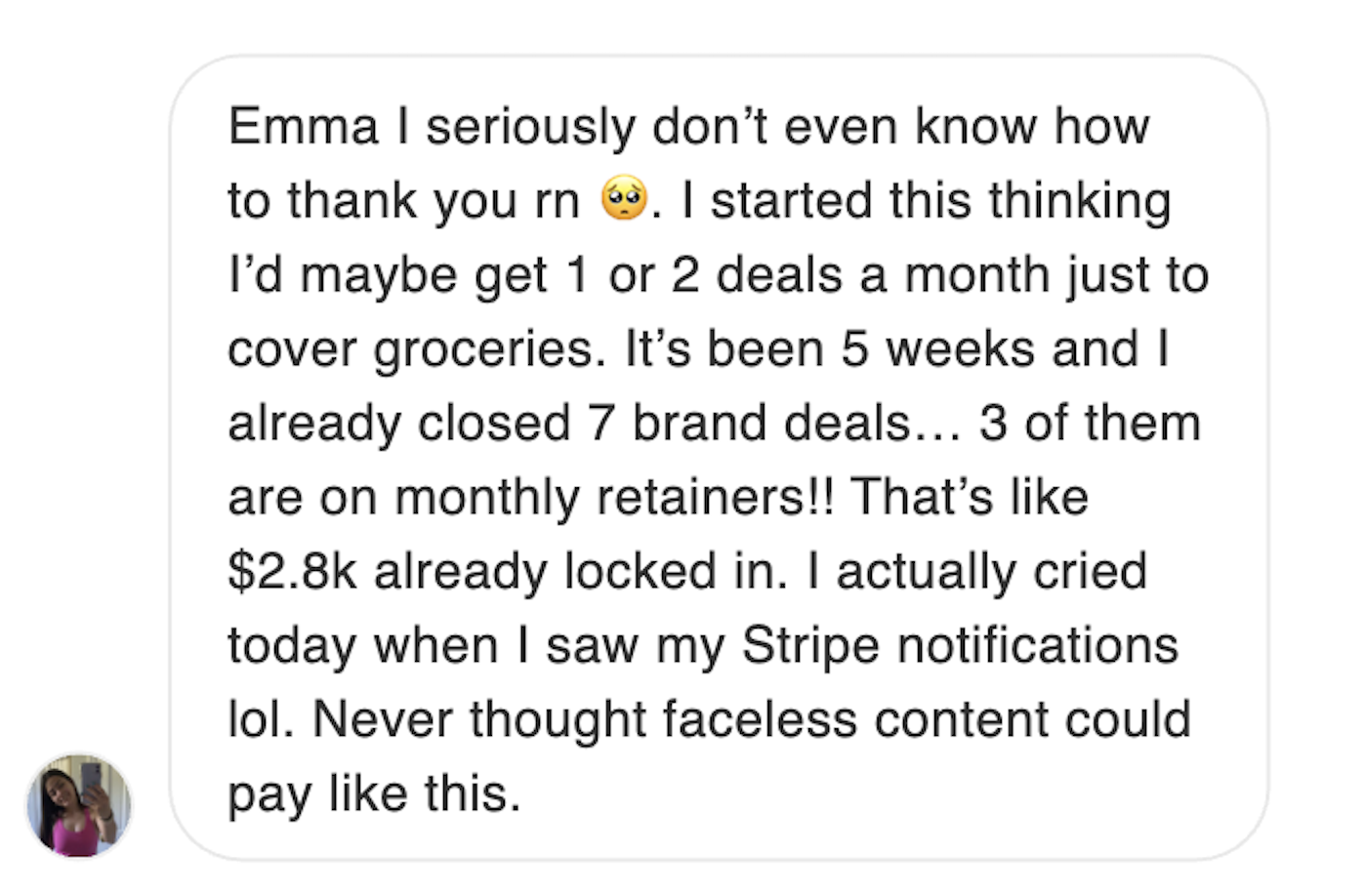 Student testimonial about making $2.8k in 5 weeks
